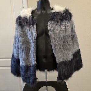 Charlotte Russe Faux Fur Jacket in Blue, Gray and White
